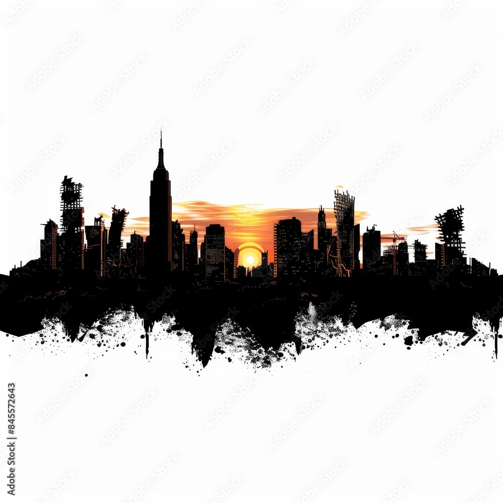 Obraz premium ast Post-Apocalyptic City Skyline at Sunset - Premium Pen Tool Cutout isolated on white background 