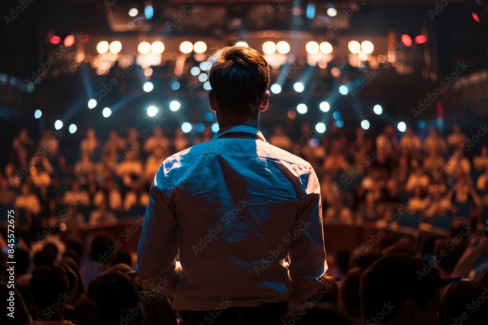 Fototapeta premium A man standing on a stage with a microphone, facing a large audience under bright lights