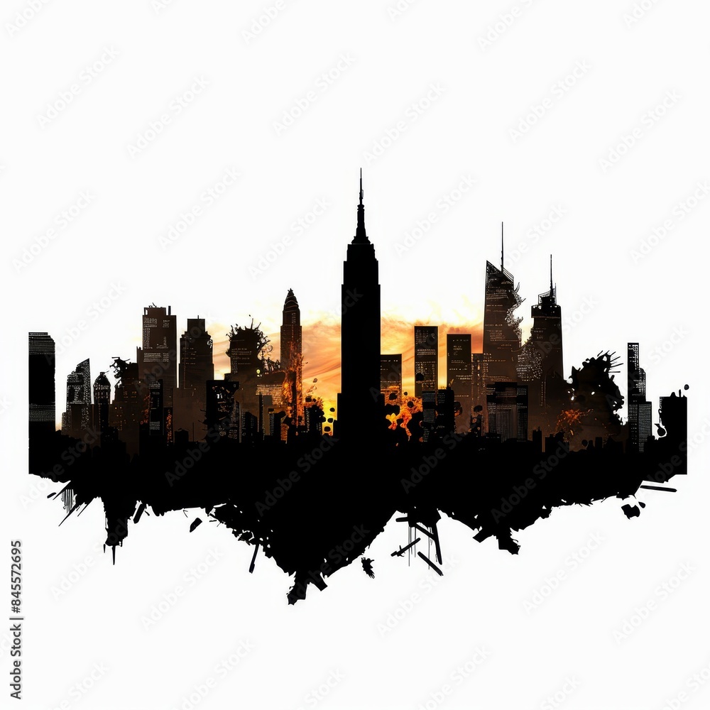 Obraz premium ast Post-Apocalyptic City Skyline at Sunset - Premium Pen Tool Cutout isolated on white background 