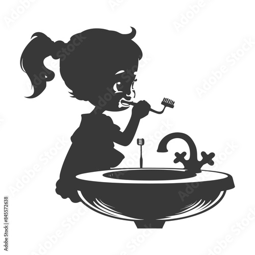 Silhouette of Girl Brushing Teeth at Sink: Morning Hygiene Cartoon Icon