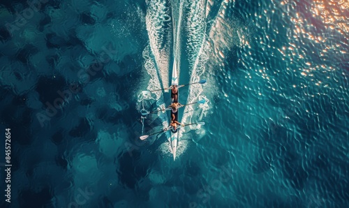 Aerial View of Rowing Team on Blue Water