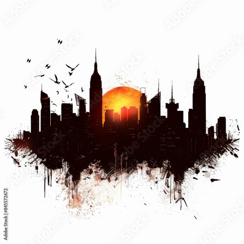 ast Post-Apocalyptic City Skyline at Sunset - Premium Pen Tool Cutout isolated on white background  photo