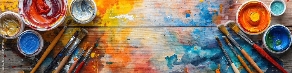 Obraz premium Colorful Artistic Workspace with Paints and Brushes