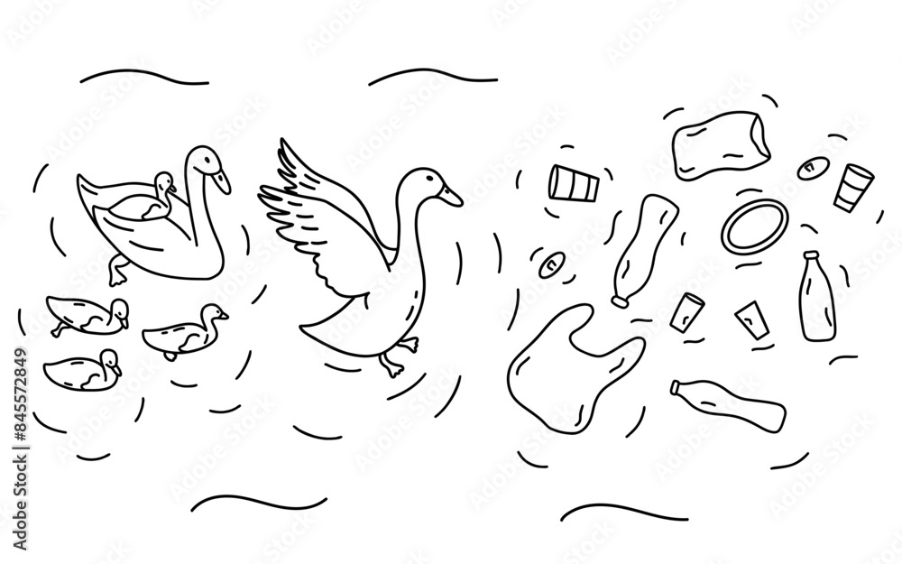 Obraz premium Family of swans encountered plastic floating in water. Father swan protects his family. Stop plastic concept. Black and white vector isolated illustration hand drawn. doodle. Poster or banner