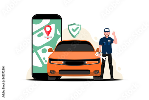 Online car repair service, Automobile technician with car, smartphone on isolated background, Vector illustration.