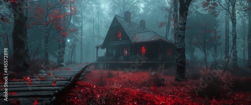 A Foggy Path Leading to a Wooden House in the Woods