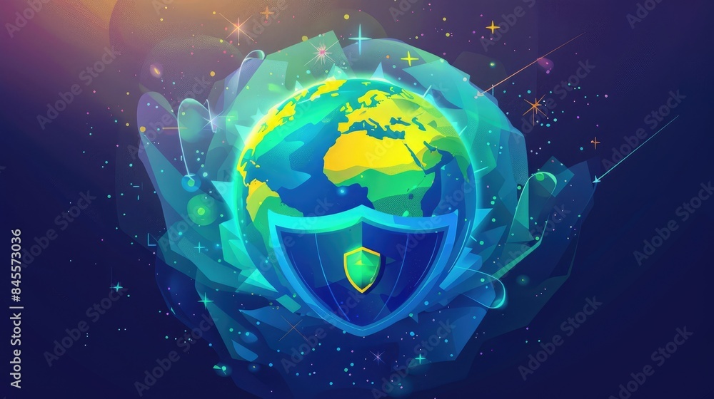 Naklejka premium Artistic illustration of a globe with a shield symbolizing the ozone layer for World Ozone Day