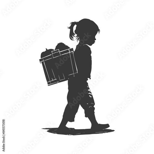 Silhouette of Child Carrying Heavy Basket: Burden of Labor, Isolated on White.