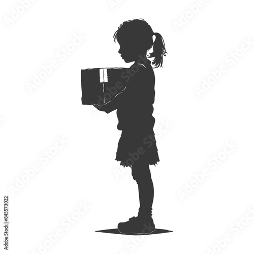 Silhouette of a young girl holding a box, isolated on white.