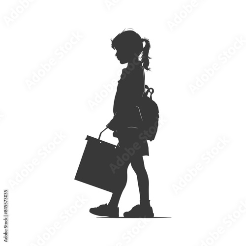 Silhouette of a Pensive Schoolgirl with Bag and Backpack, Walking Alone.