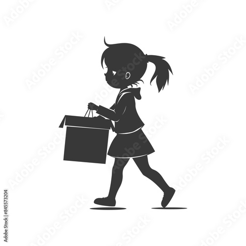 Silhouette of schoolgirl carrying a cardboard box, simple vector graphic.