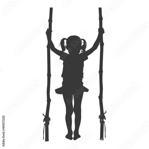 Silhouette of a girl playing on stilts, pigtails and skirt, white background.