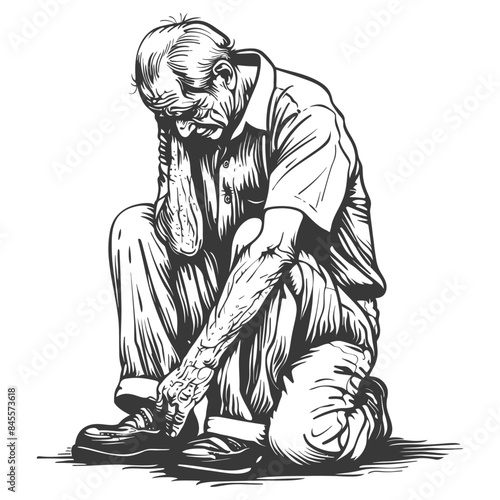 Elderly Man's Despair: Crouching Figure, Hand on Head, Detailed Line Art.