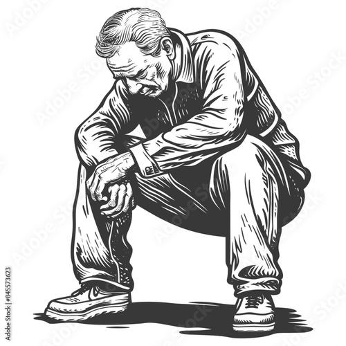 Engraved Senior Man Crouching, Head Down in Despair, Worried Expression, Solemn Moment.