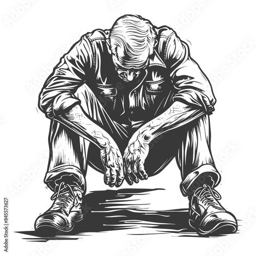Distressed Man, Head Bowed, Graphic Illustration, Worker's Depression, Solitude, Retro Style, Vintage Angst.