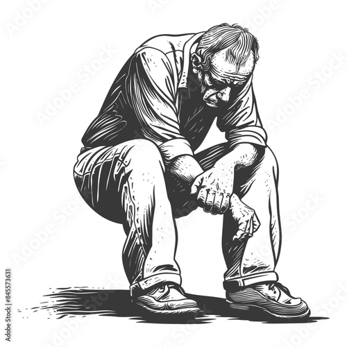 Etched Loneliness: Weary Man Seated, Head Down, Cross-Hatched Depression in Monotone Illustration.