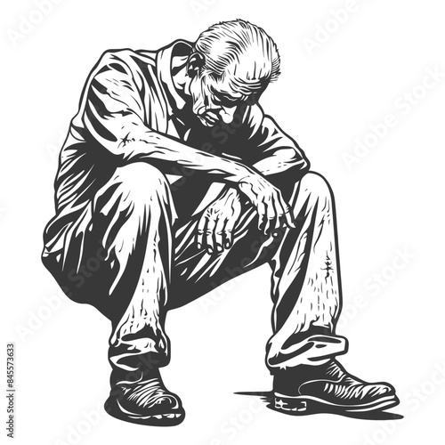 Etched Despair: Man in Work Boots, Head Bowed, Crouching in Shadowed Relief.