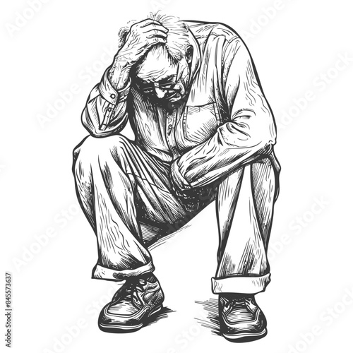 Elderly Man Crouching, Head in Hand, Expressive Pen and Ink Sketch, Grief.