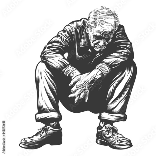 Squatting elder, expressive illustration of weary solitude, stark monochrome.