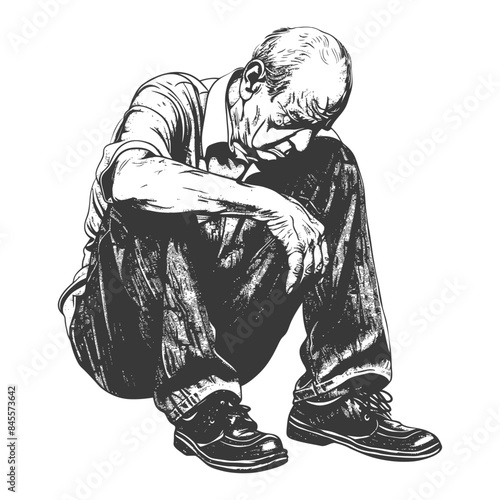 Etched Despair: Crouching Man, Head in Hands, Textured Lines, Solitude.