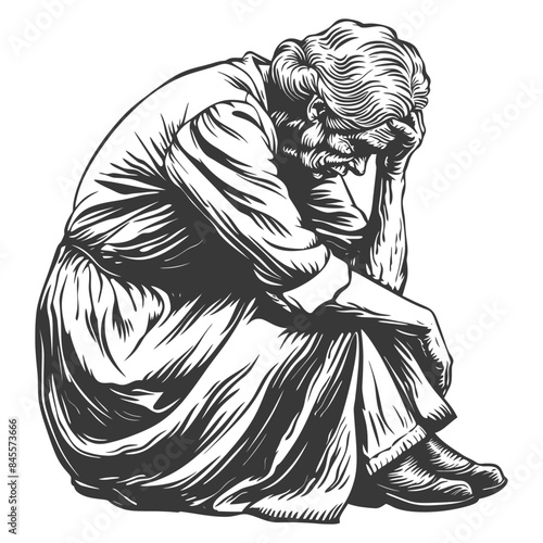 Etched Depression: Elderly Woman in Sorrow, Head in Hands, Downtrodden Pose, Isolated.