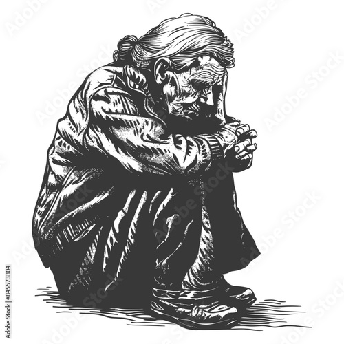 Distressed Elder: Crouched Figure, Wrinkled Face, Expressive Etching Style