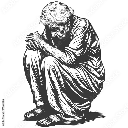 Elderly Woman Crouching, Hands Clasped, Engraved Illustration Style, Grief & Reflection.
