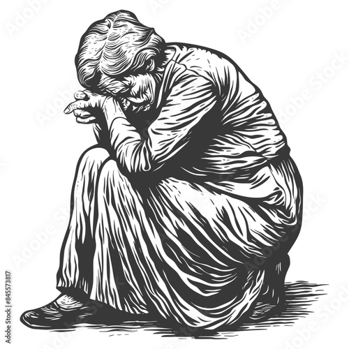 Engraved Depression: Elderly Woman Crouched in Grief, Vintage Illustration.
