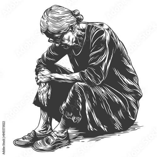 Grief-stricken Elderly Woman, Etched Lines, Sorrow, Aged Hands, Black and White Illustration.