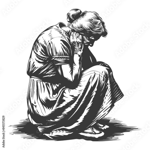 Monochrome Woman Crouching, Head in Hands, Textured Depression Illustration.