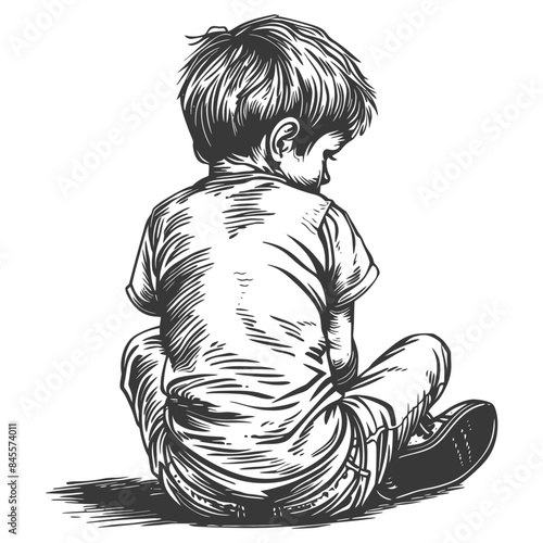 Pensive Boy: Back View, Crosshatch Illustration, Solitude.