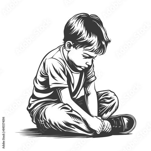 Pensive Boy: Contemplative Child Seated in Black and White Illustration.
