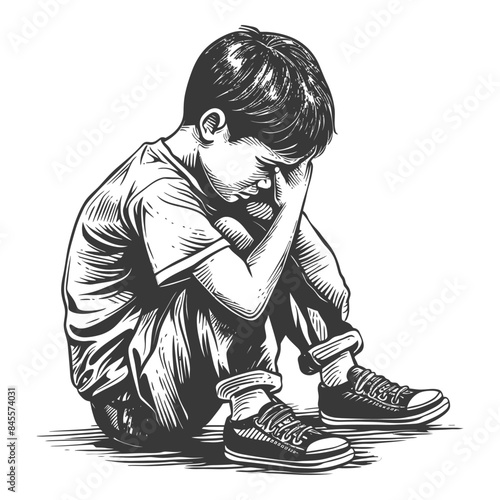 Engraved Boy in Despair: Head in Hands, Solitude, Detailed Pen & Ink Illustration