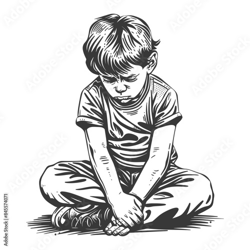 Sketch of a Sad Boy Sitting Cross-Legged, Head Bowed, Hands Clasped.
