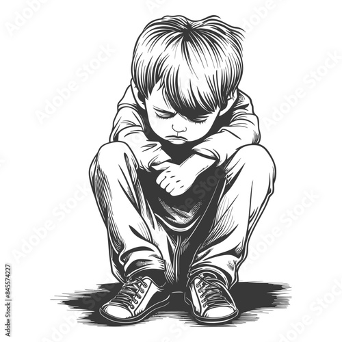 Ink Drawing: Dejected Young Boy, Head Down, Arms Crossed on Knees, Solemn Isolation.