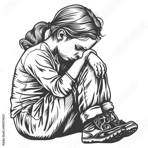 Sorrowful Child: Vector Illustration of a Sad Girl Curled Up in Solitude