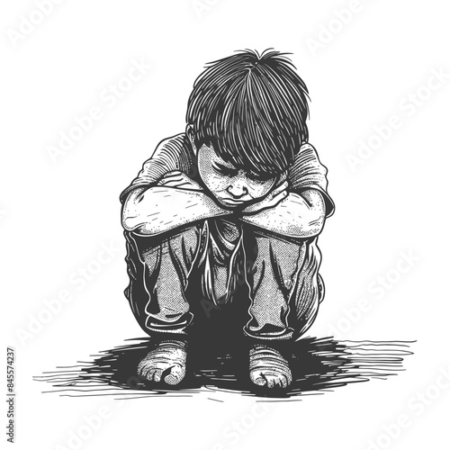 Cross-hatch sad child: Boy crouched, arms on knees, downcast in monochrome drawing style.