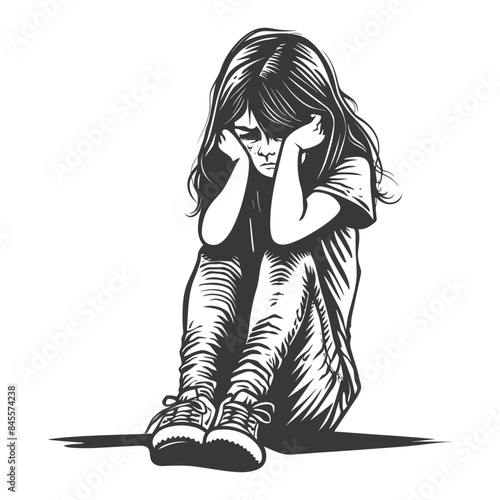 Brooding Girl: Crosshatch Illustration of a Child in Distress, Solitude and Melancholy.