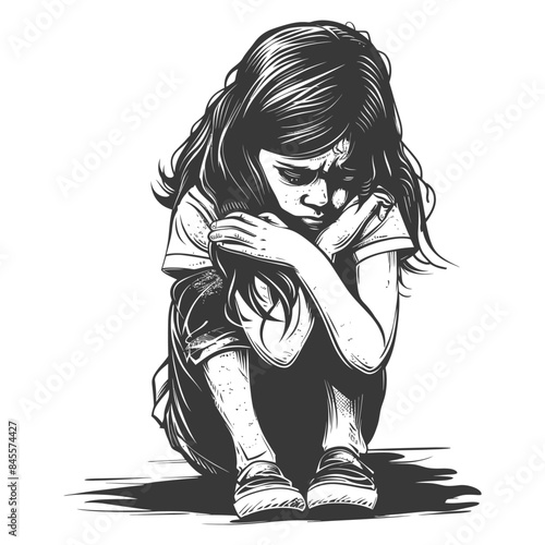 Ink Sketch: Despondent Girl Crouched, Shading and Contemplation.