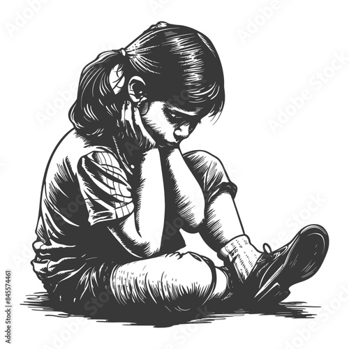 Melancholy Child: Crosshatched Illustration of a Lonely Girl Sitting on the Floor, Head in Hands.