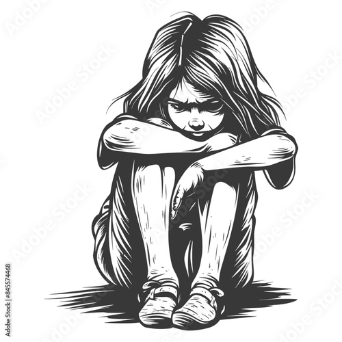 Vector Illustration: Dejected Little Girl, Hugging Knees, Shadowed Face, Cartoon Style.