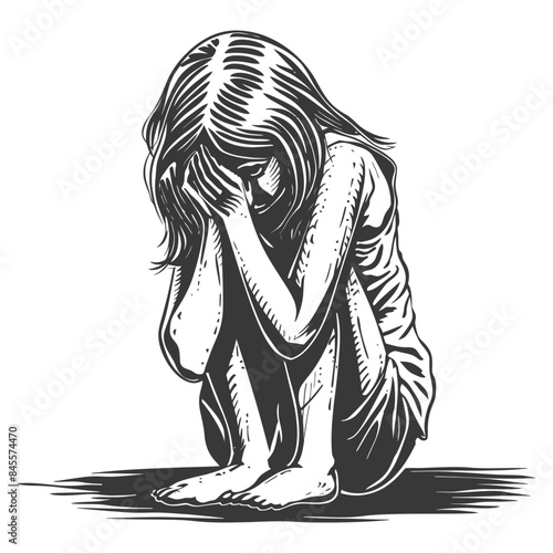 Etched Grief: Girl Crouched in Despair, Graphic Woodcut Style Illustration.