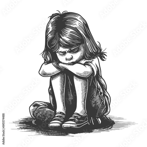 Pensive Girl, Crosshatched Sadness: Monochrome Child Curled in Sorrow, Hand-Drawn Illustration