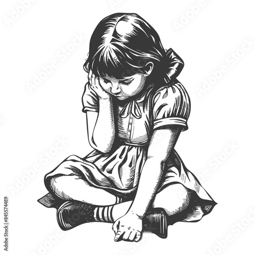 Pensive Girl Sitting Cross-Legged, Vintage Engraving Style, Downcast Gaze.