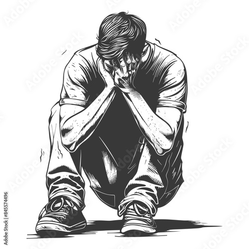 Distressed Young Man Crouching, Head in Hands: Black and White Graphic Illustration of Anxiety and Despair