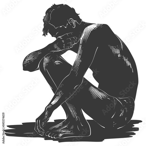 Etched Silhouette: Crouching Figure, Head in Hand, Graphic Depression.