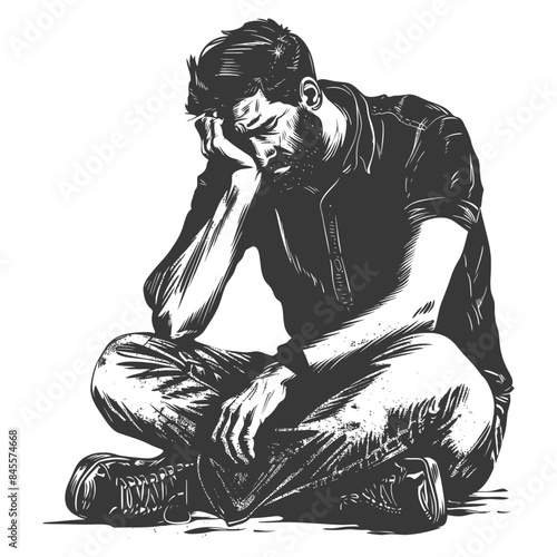 Distressed Man Sitting Cross-Legged, Head in Hand, Monochrome Vector Art.