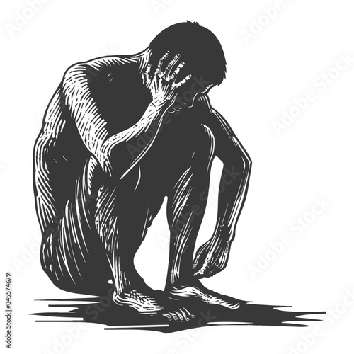 Etched Anguish: Tormented Figure Crouched in Despair, Deep Shadows, Hatching Technique.