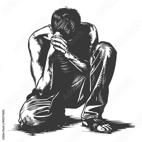 Despair: Crouching Man, Head in Hands, Pen and Ink Illustration.