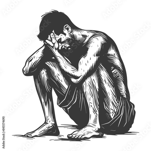 Etched Anguish: Despairing Man Crouched, Head in Hands, Black and White Illustration.